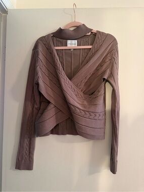 Pink Rose Mauve Crossover Cable Knit Turtleneck Sweater